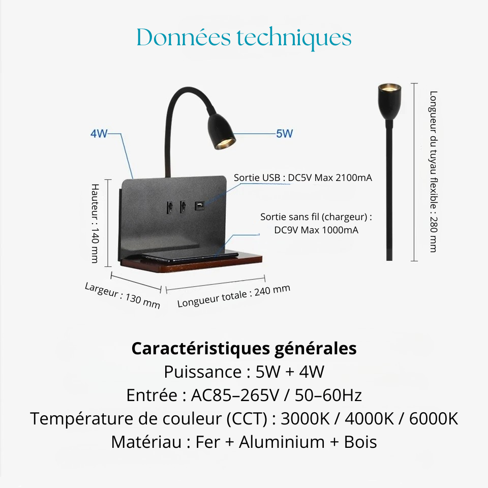 Applique chevet murale Données techniques
