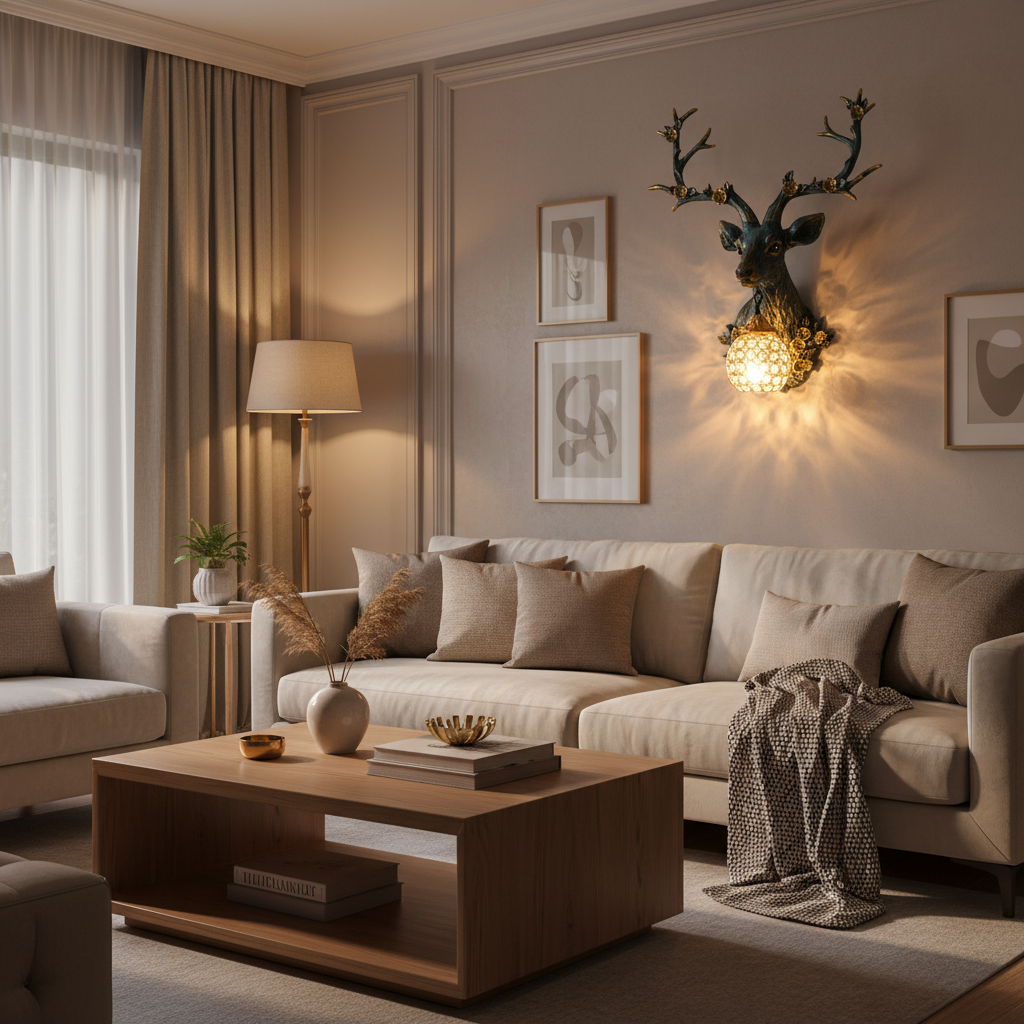 Applique murale cerf bleu de face allumée