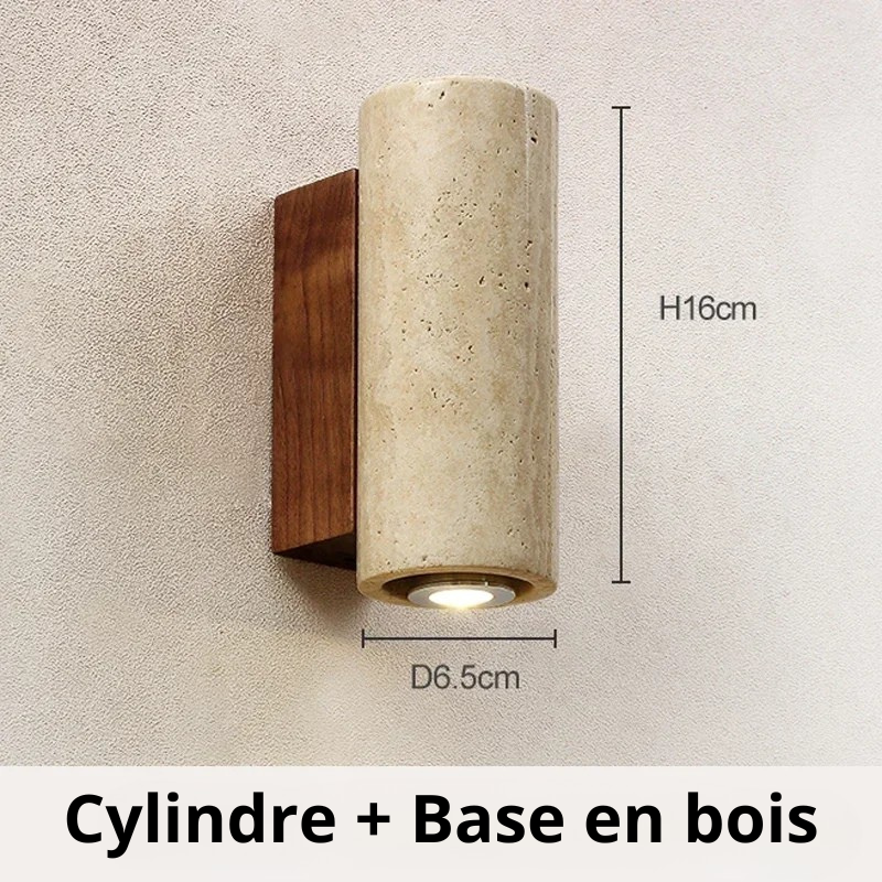 Applique murale travertin Rond x Base en noyer