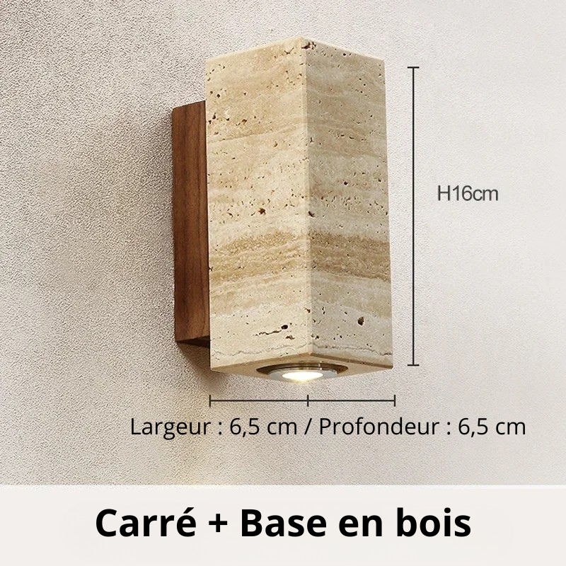 Applique murale travertin Carré x Base en noyer