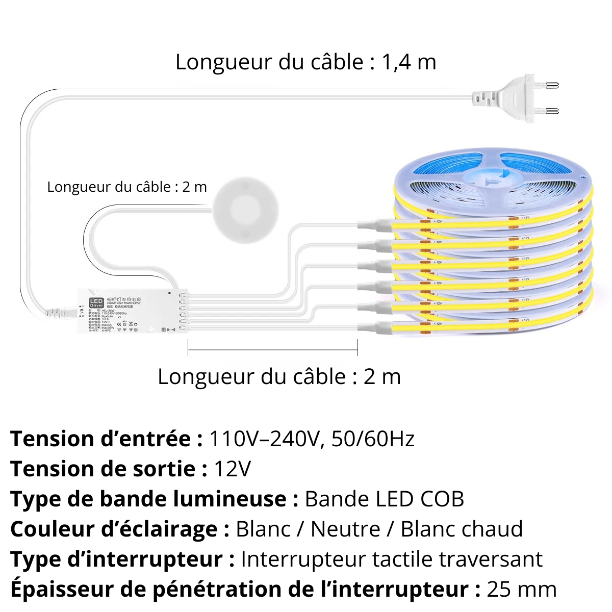Lampe applique murale longueur du câble