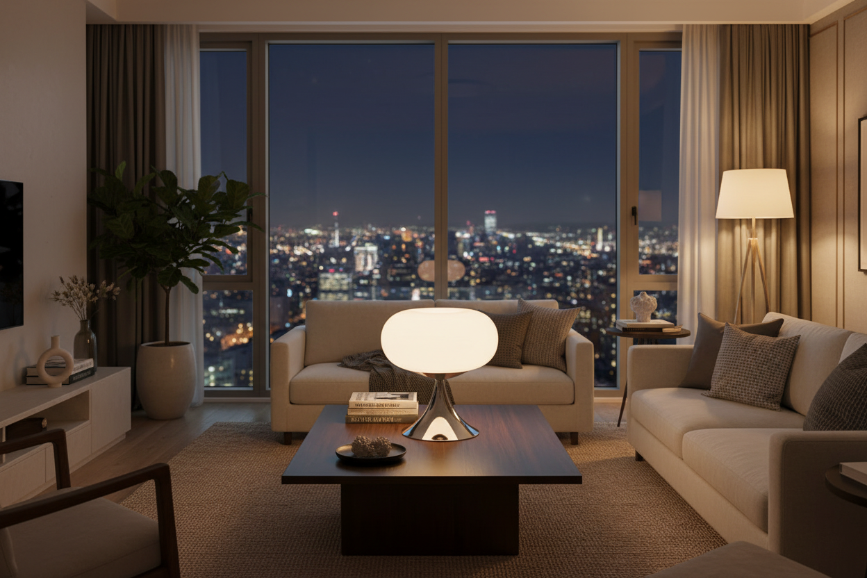 Lampe vintage blanche allumée salon