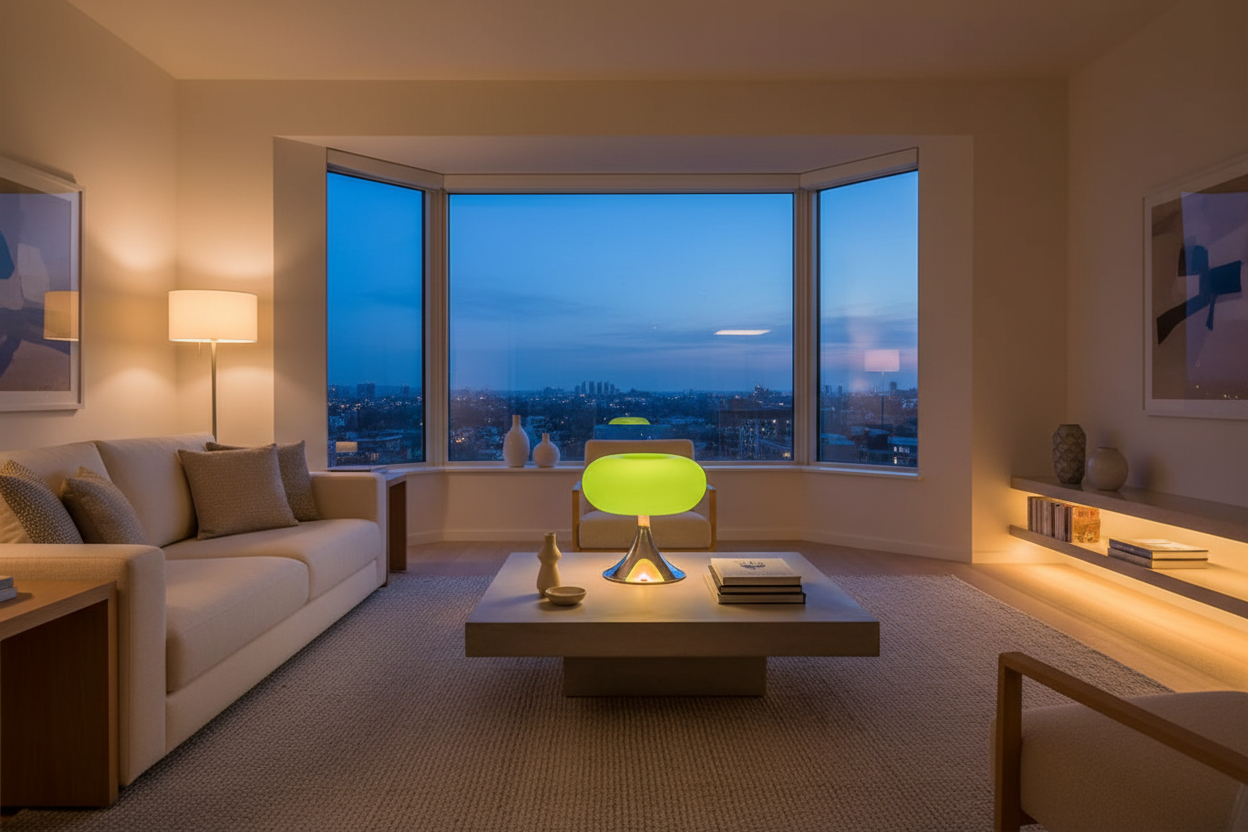 Lampe vintage verte allumée salon